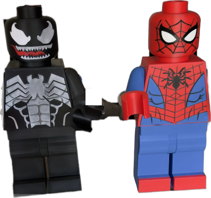 Oversized 3D printed LEGO-style Venom and Spider-Man figures