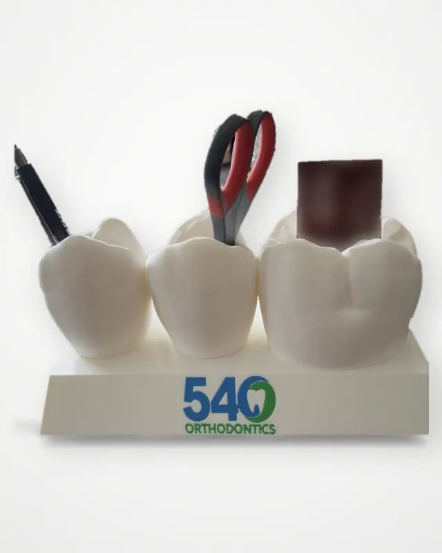 Three big white printed molars holding pens, scissors and a business card, on a base with the 540 Orthodontics logo